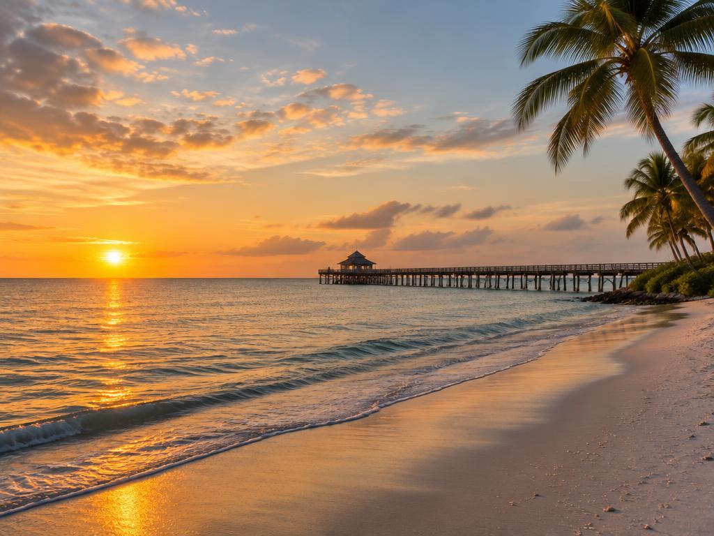 Naples Gulf of Mexico beach and pier at sunset